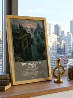 The drowned cities bookish print framed by window – literary home decor