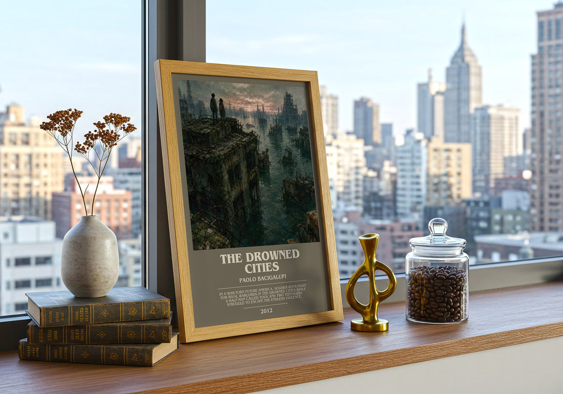 The drowned cities bookish print framed by window – literary home decor