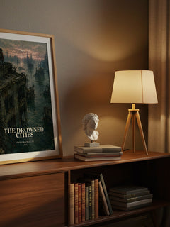 The drowned cities watercolour print on bookshelf – Paolo Bacigalupi fan gift