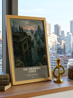 The drowned cities book cover print framed by window – literary home decor