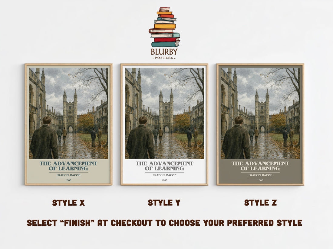 The advancement of learning book cover print in frame leaning in hallway – philosophy wall art (mockup)
