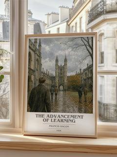The advancement of learning Book Cover Poster by Francis Bacon – framed print by a bright window
