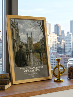 The advancement of learning Book Cover Poster by Francis Bacon – framed print on a city-view windowsill