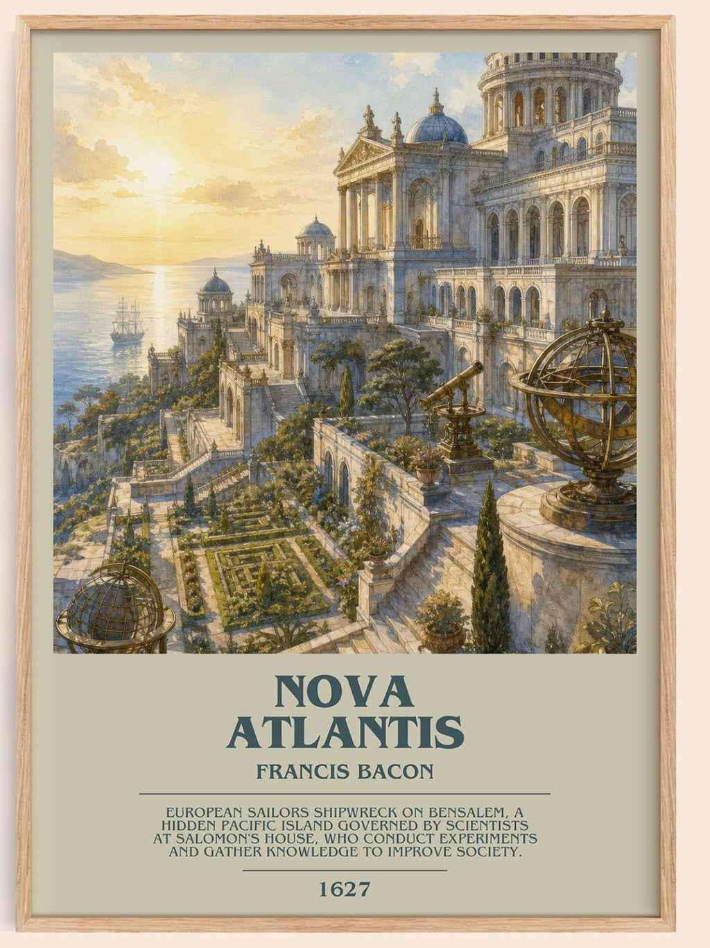 Nova Atlantis bookish book poster by Francis Bacon – framed literary art print