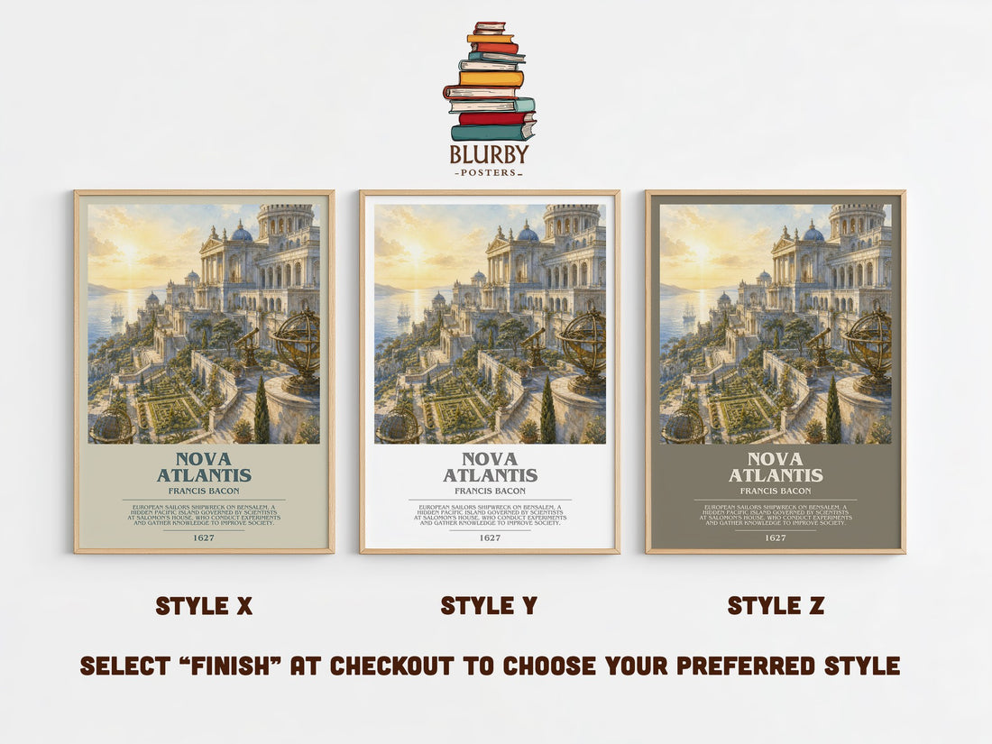 Nova Atlantis bookish print in frame leaning in hallway – philosophy wall art (mockup)
