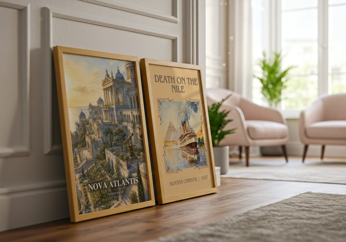 Nova Atlantis watercolour print framed by window – literary home decor