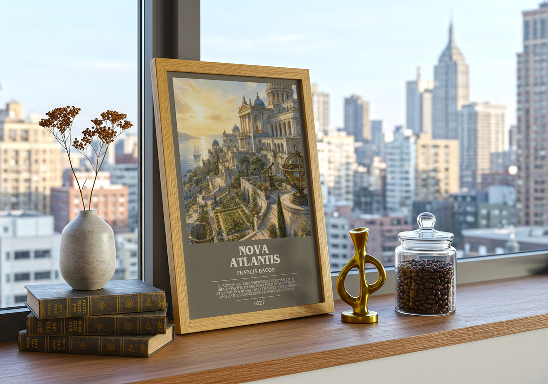 Nova Atlantis bookish print framed by window – literary home decor