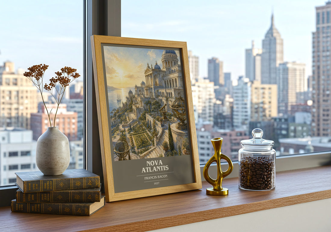 Nova Atlantis book cover print framed by window – literary home decor