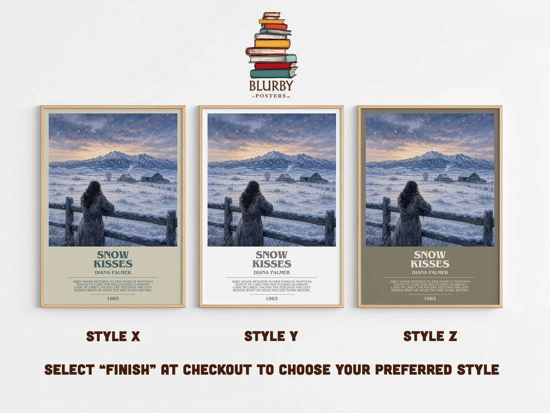 Snow Kisses bookish print in frame leaning in hallway – romance wall art (mockup)