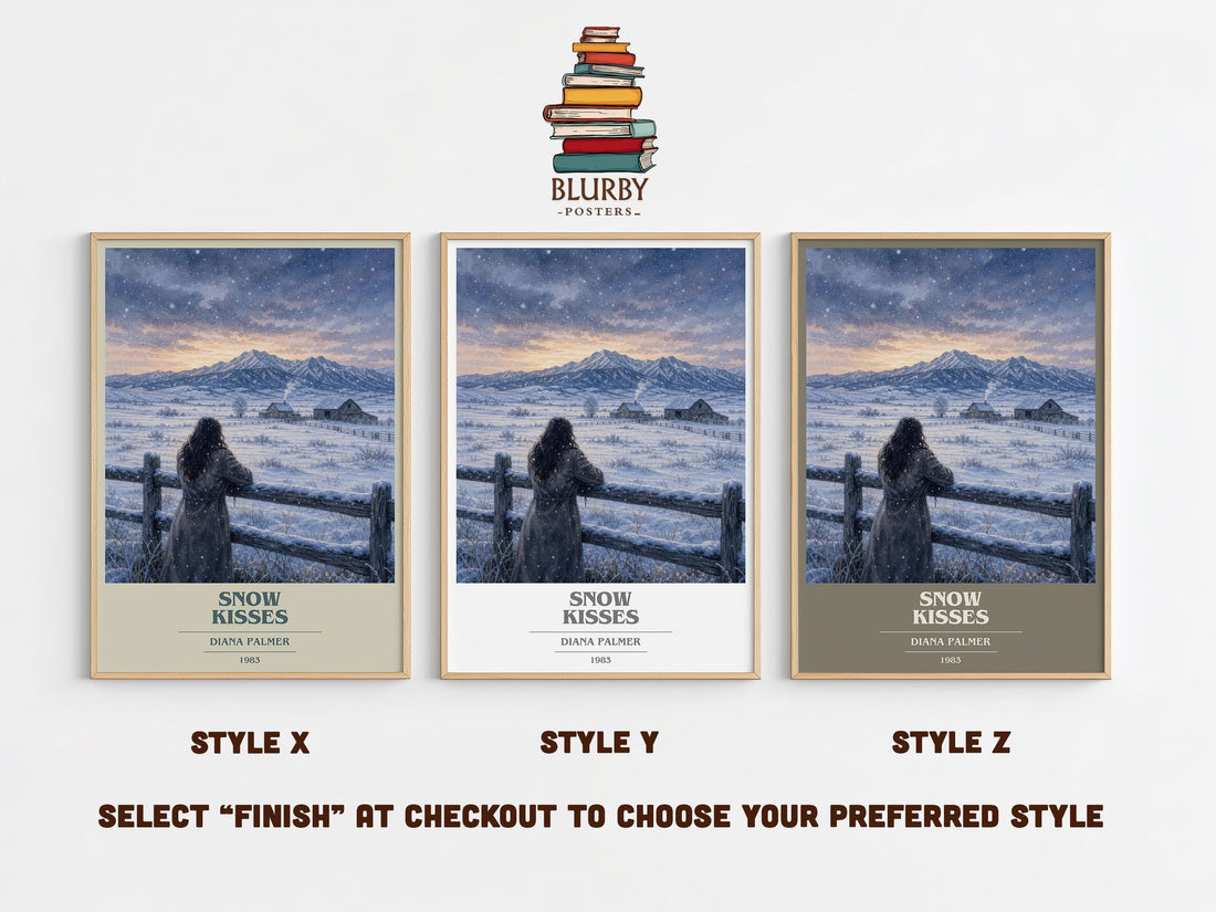 Snow Kisses book cover print in frame leaning in hallway – romance wall art (mockup)