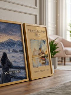 Snow Kisses watercolour print framed by window – literary home decor