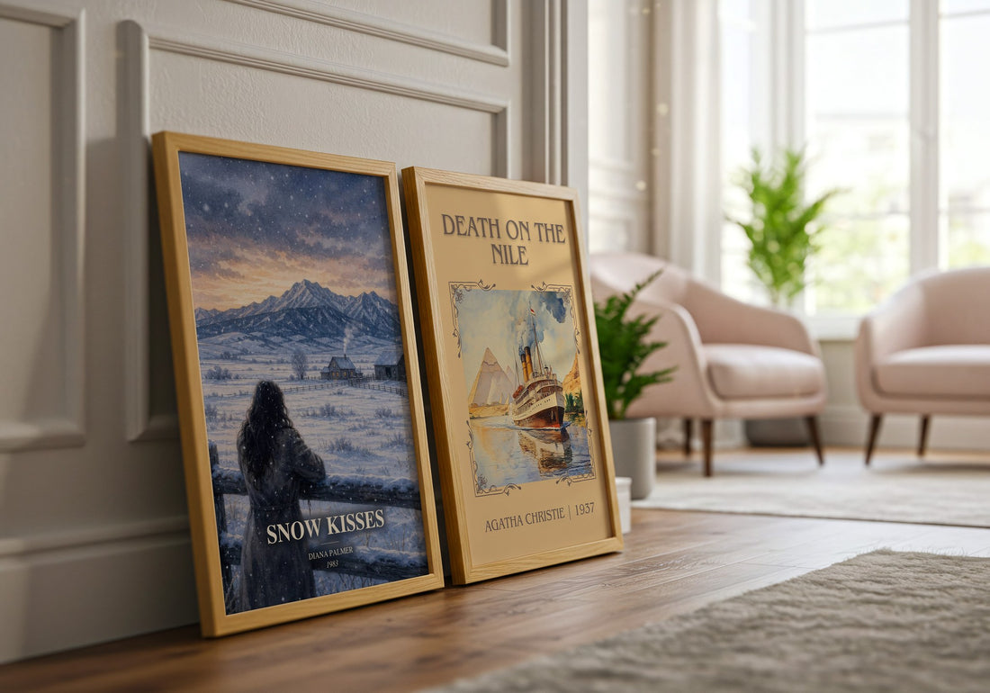 Snow Kisses watercolour print framed by window – literary home decor