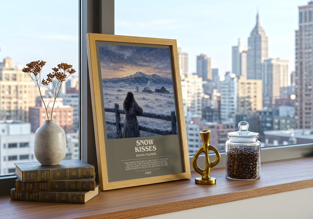 Snow Kisses bookish print framed by window – literary home decor