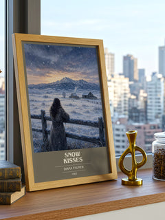 Snow Kisses book cover print framed by window – literary home decor