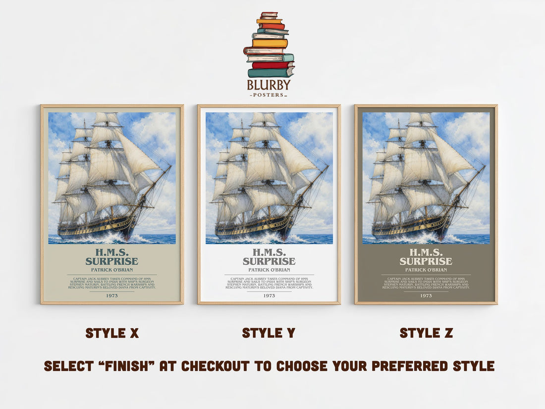 H.M.S. Surprise bookish print in frame leaning in hallway – historical fiction wall art (mockup)
