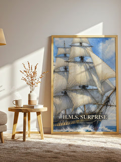 H.M.S. Surprise watercolour print in frame leaning in hallway – historical fiction wall art