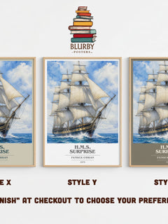 H.M.S. Surprise book cover print in frame leaning in hallway – historical fiction wall art