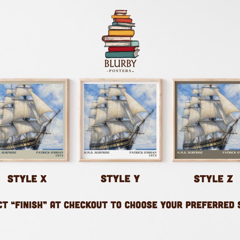 H.M.S. Surprise literary print in frame leaning in hallway – historical fiction wall art