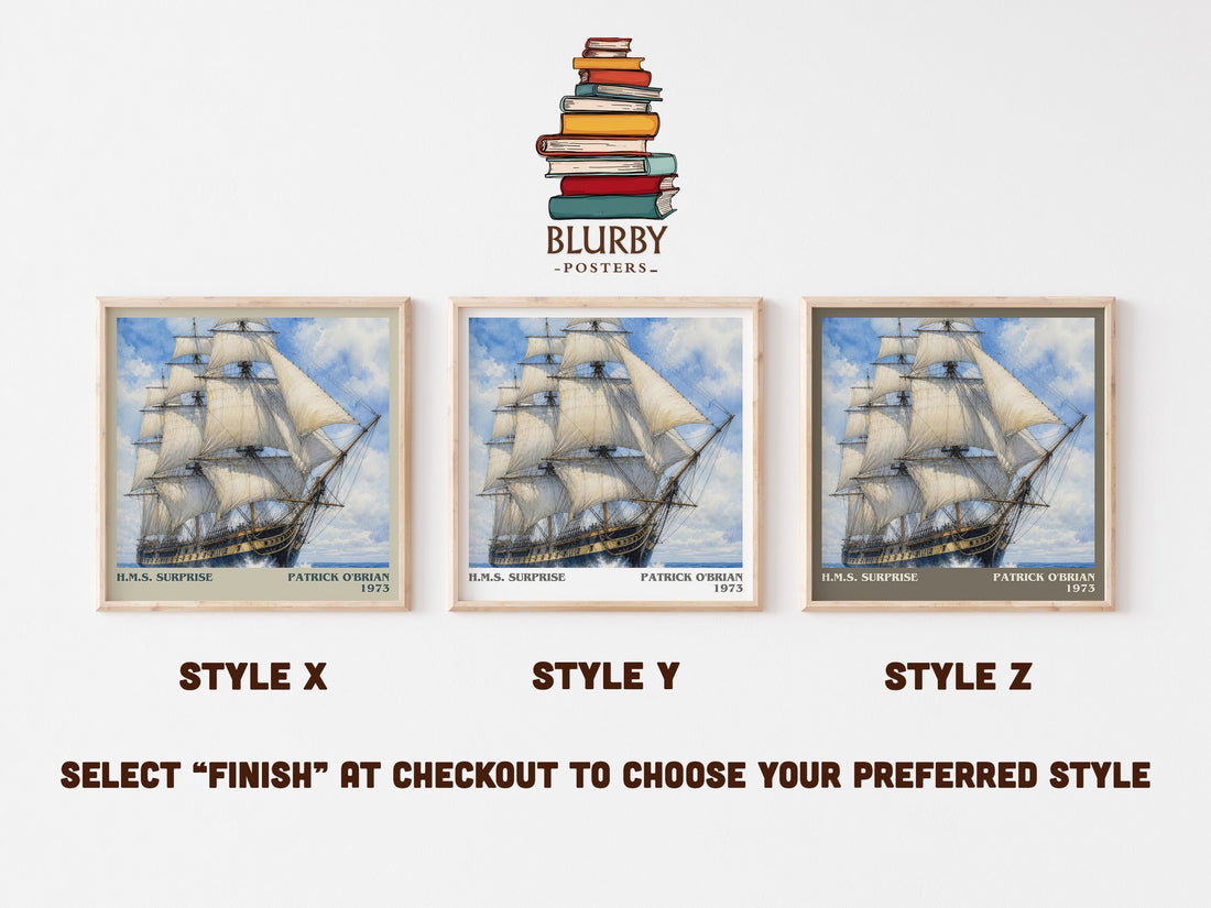H.M.S. Surprise literary print in frame leaning in hallway – historical fiction wall art (mockup)