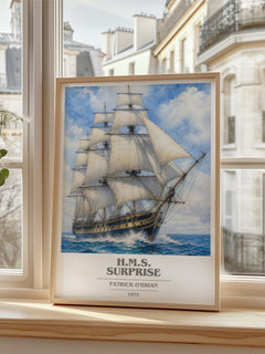 H.M.S. Surprise book cover poster colour and style options – Patrick O'Brian book art