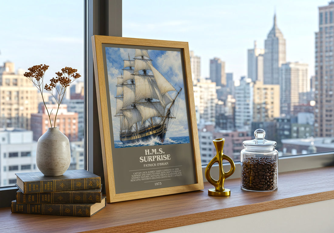 H.M.S. Surprise bookish print framed by window – literary home decor
