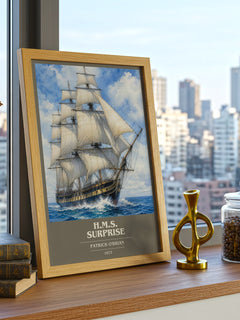H.M.S. Surprise book cover print framed by window – literary home decor