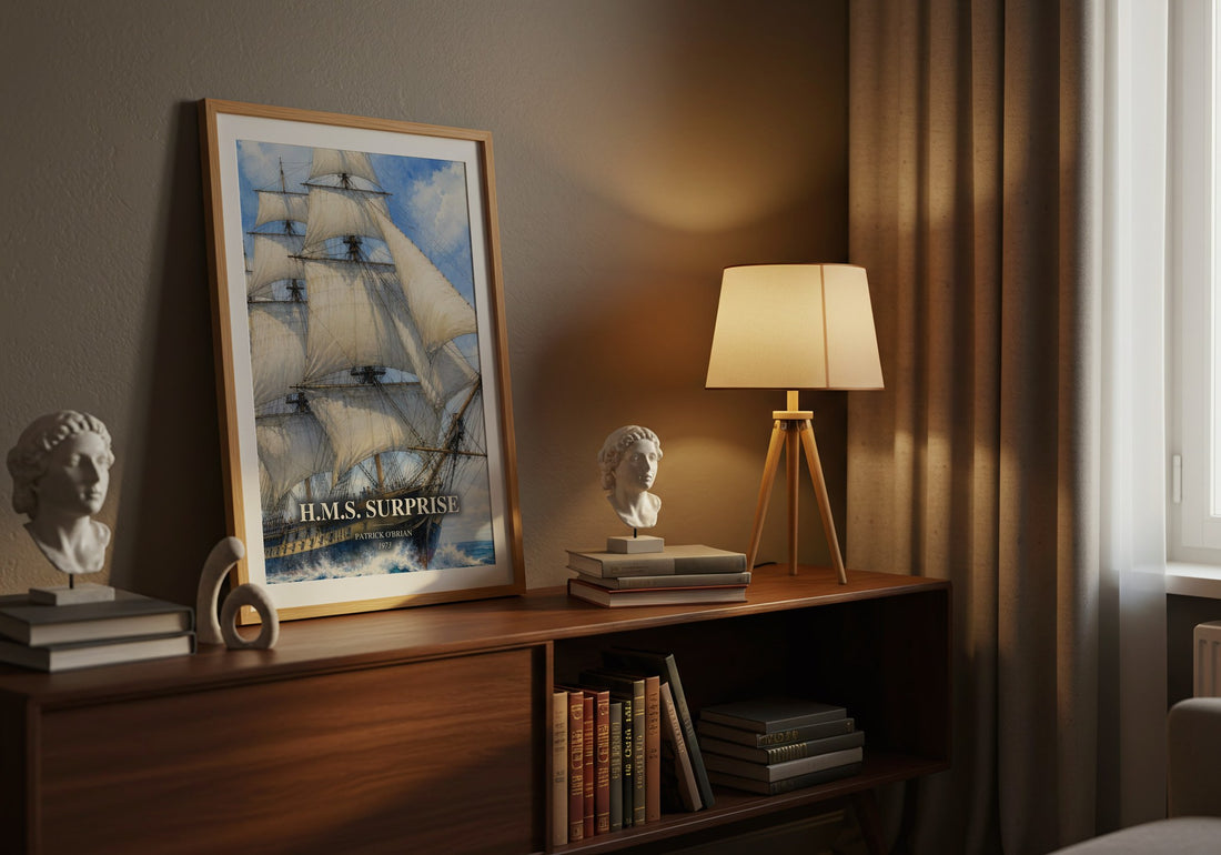 H.M.S. Surprise watercolour print on bookshelf – Patrick O'Brian fan gift
