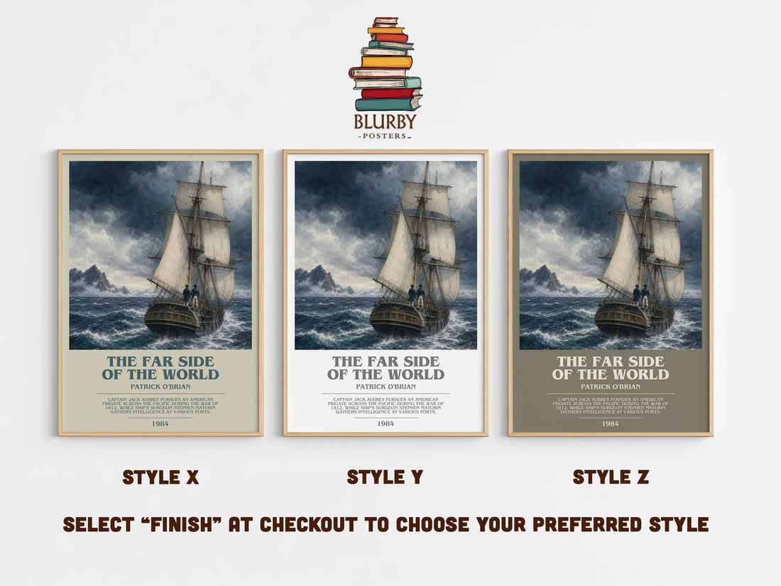 The Far Side of the World bookish print in frame leaning in hallway – historical fiction wall art (mockup)