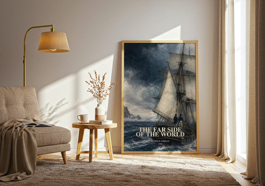 The Far Side of the World watercolour print in frame leaning in hallway – historical fiction wall art