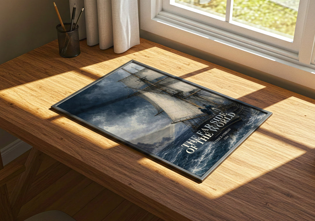 The Far Side of the World watercolour book poster framed on wall – historical fiction wall art