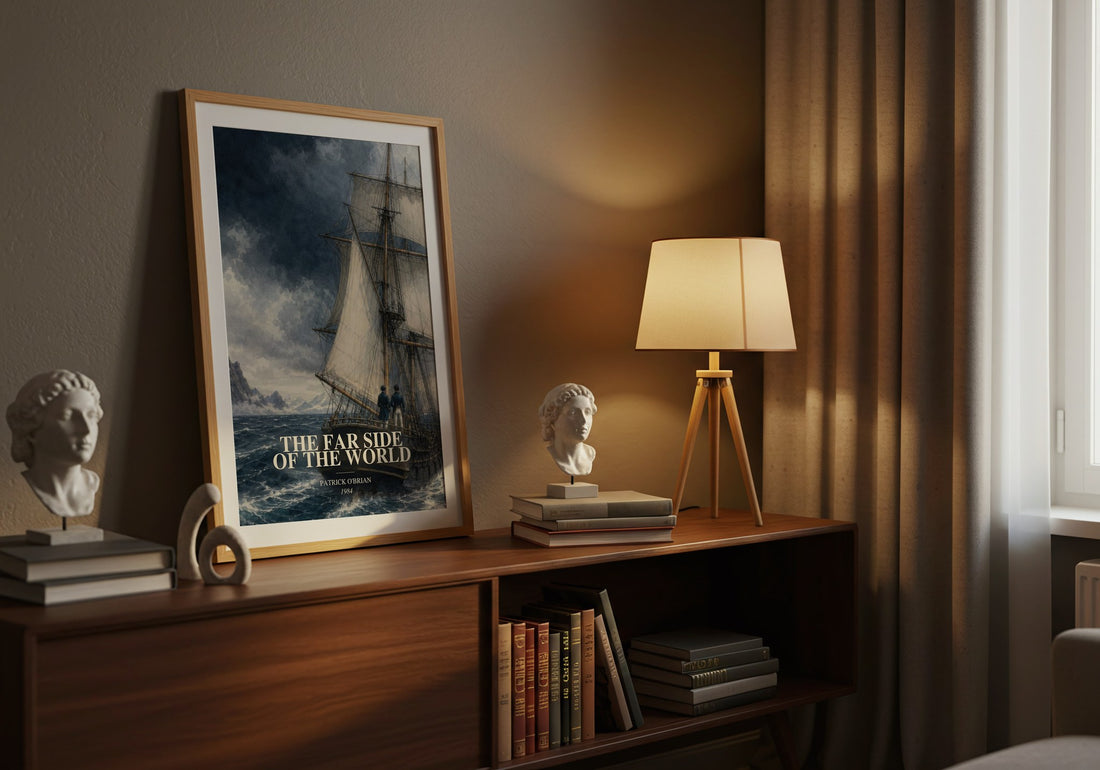 The Far Side of the World watercolour print on bookshelf – Patrick O'Brian fan gift