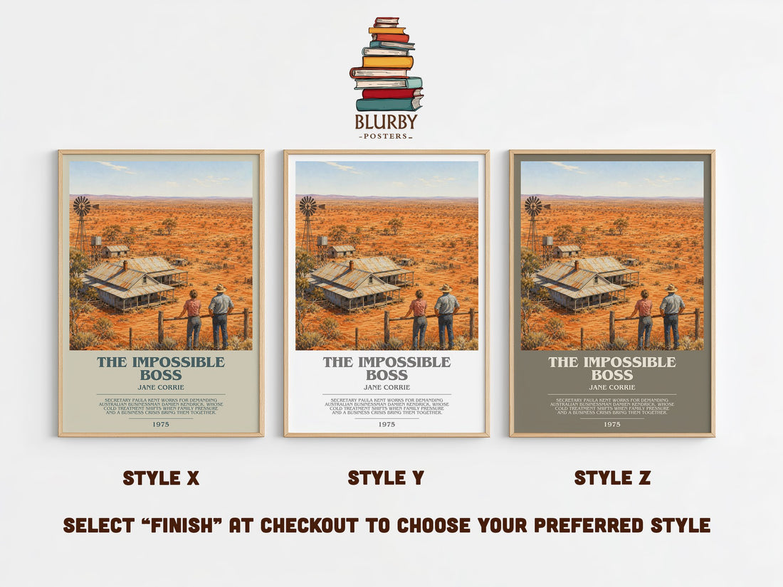 The Impossible Boss bookish print in frame leaning in hallway – romance wall art (mockup)