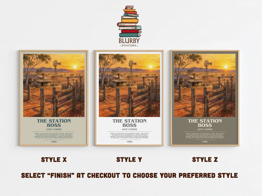 The station boss bookish print in frame leaning in hallway – romance wall art (mockup)