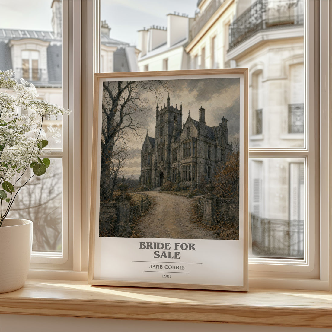 Bride For Sale Book Cover Poster by Jane Corrie – framed print by a bright window