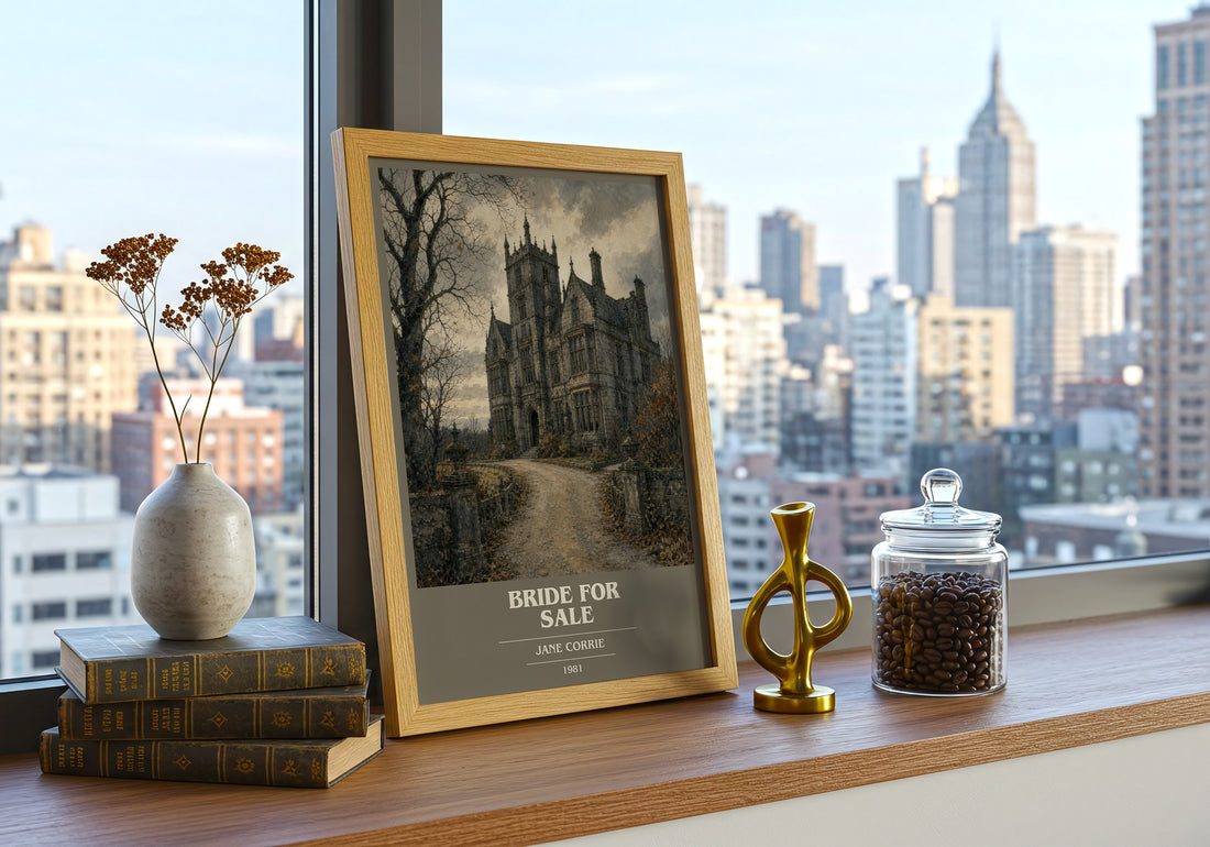 Bride For Sale Book Cover Poster by Jane Corrie – framed print on a city-view windowsill