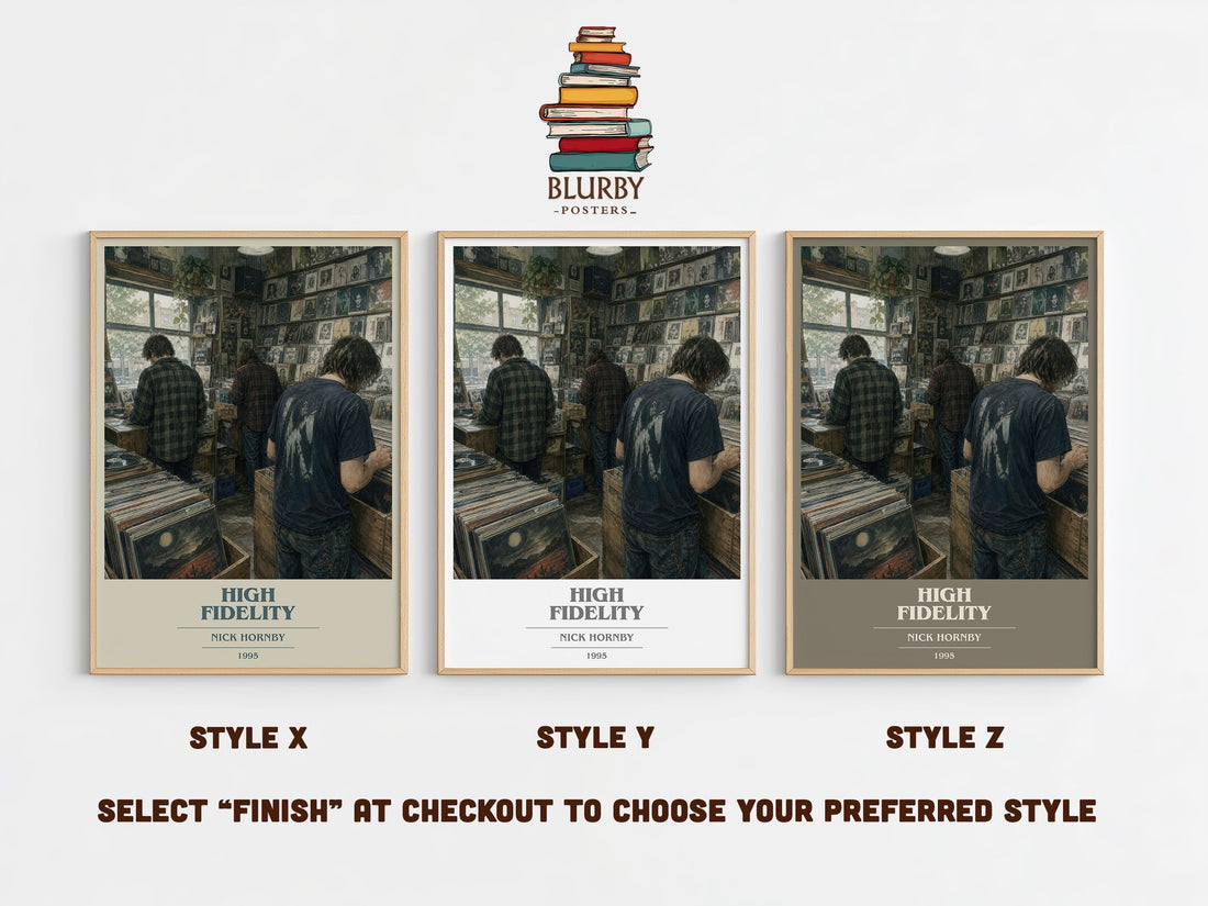 High Fidelity book cover print in frame leaning in hallway – contemporary fiction wall art (mockup)