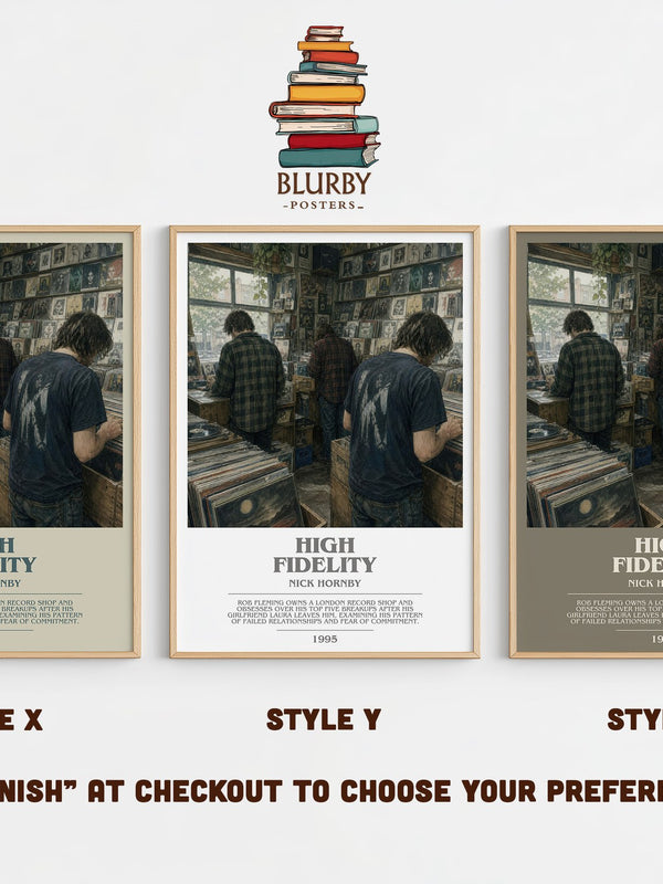 High Fidelity bookish print in frame leaning in hallway – contemporary fiction wall art