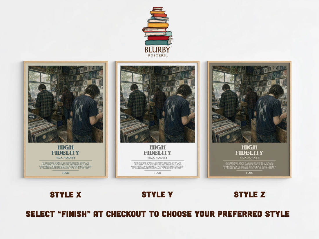 High Fidelity bookish print in frame leaning in hallway – contemporary fiction wall art (mockup)