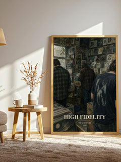High Fidelity watercolour print in frame leaning in hallway – contemporary fiction wall art