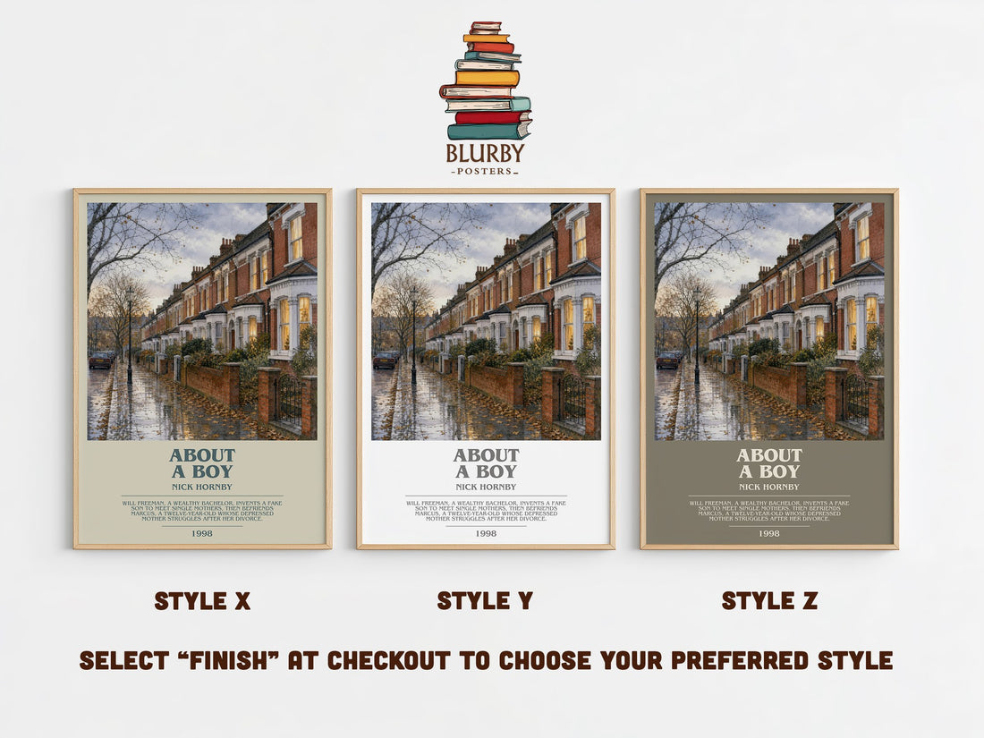 About a Boy bookish print in frame leaning in hallway – contemporary fiction wall art (mockup)