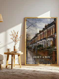 About a Boy watercolour print in frame leaning in hallway – contemporary fiction wall art