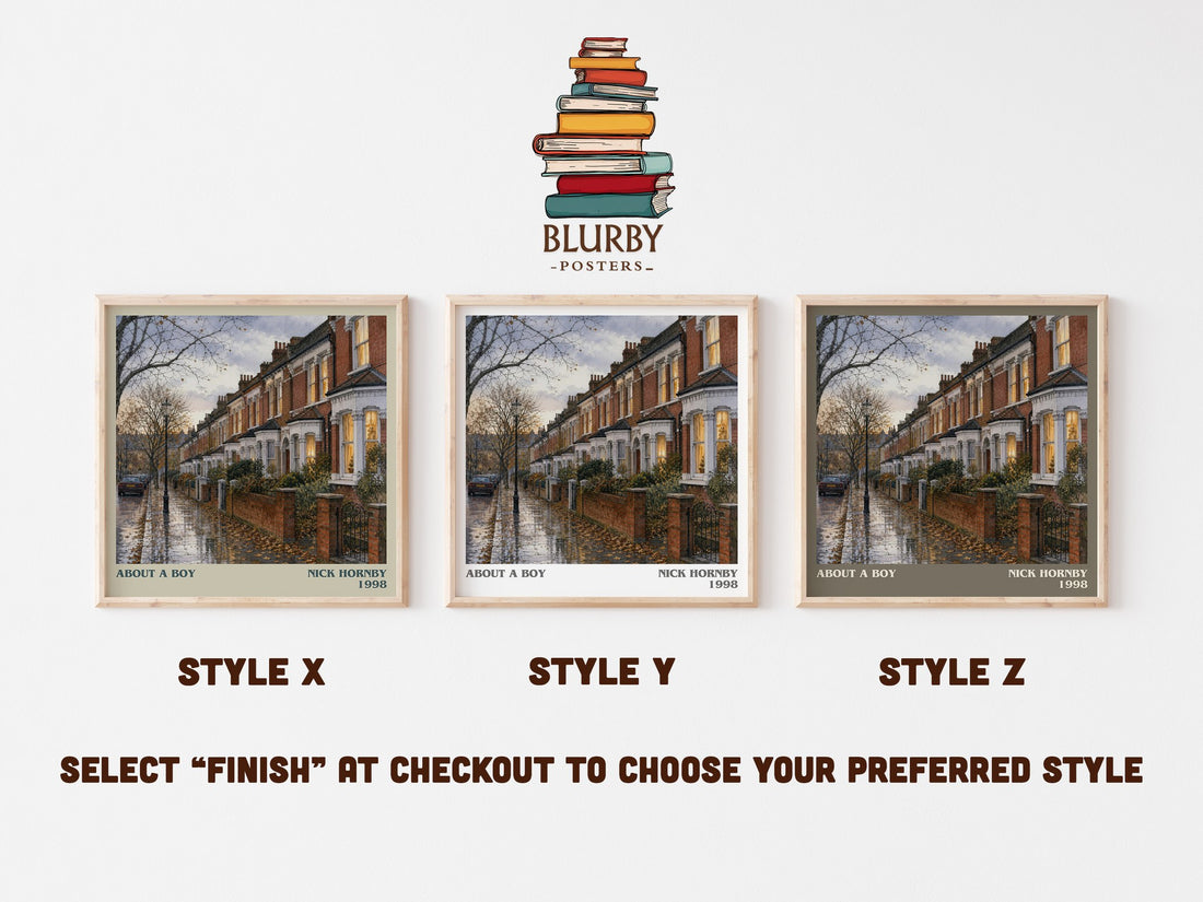 About a Boy literary print in frame leaning in hallway – contemporary fiction wall art (mockup)