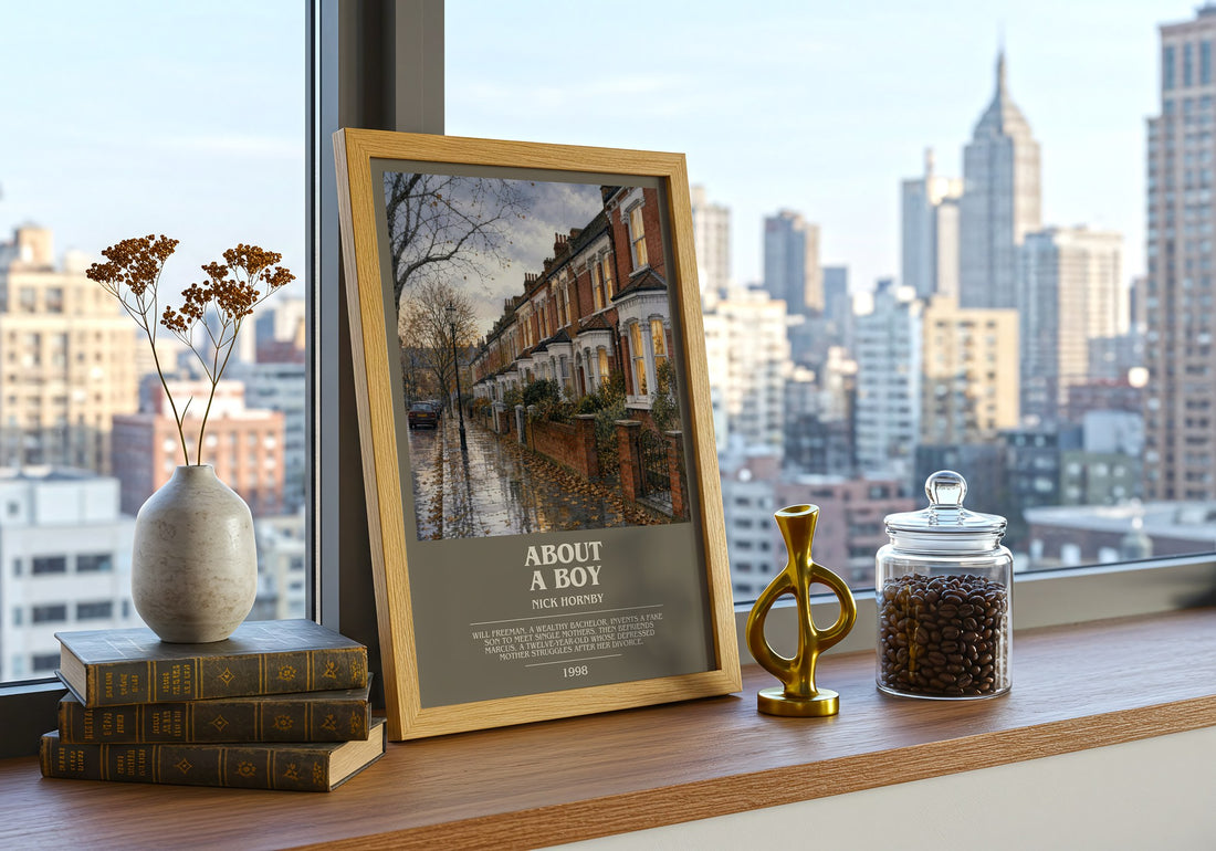 About a Boy bookish print framed by window – literary home decor