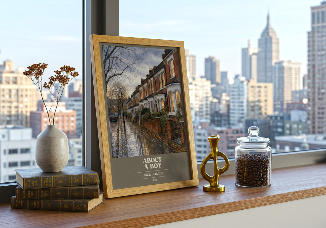 About a Boy book cover print framed by window – literary home decor