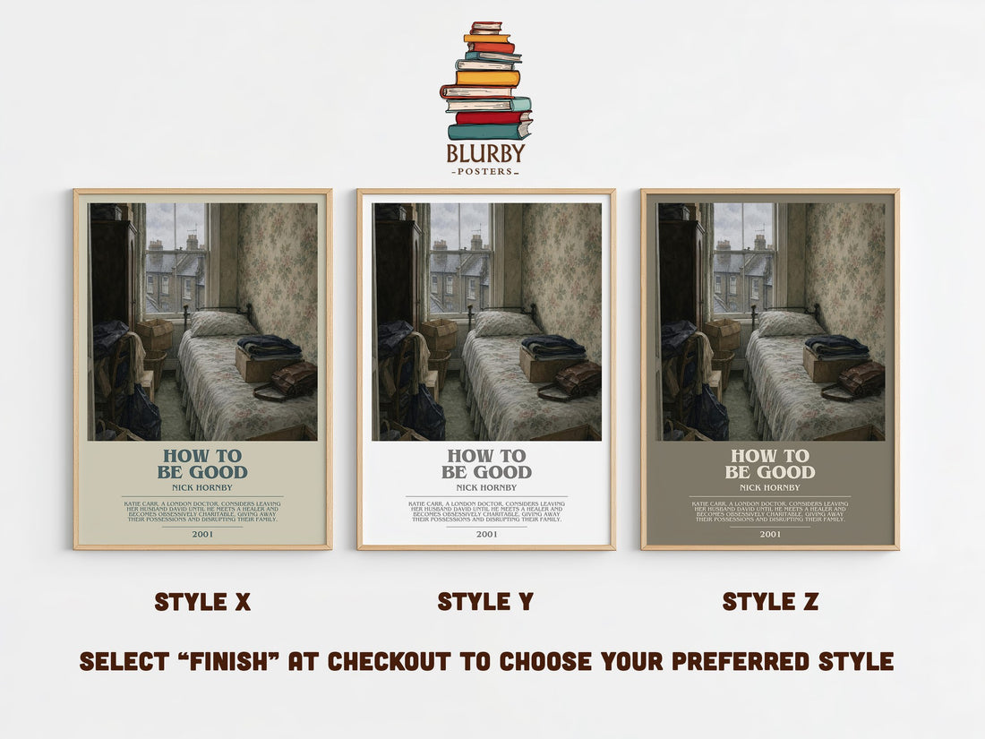 How to Be Good bookish print in frame leaning in hallway – contemporary fiction wall art (mockup)
