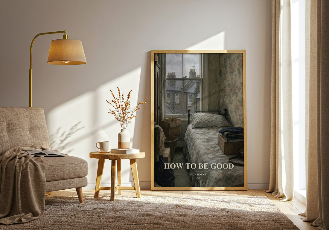 How to Be Good watercolour print in frame leaning in hallway – contemporary fiction wall art