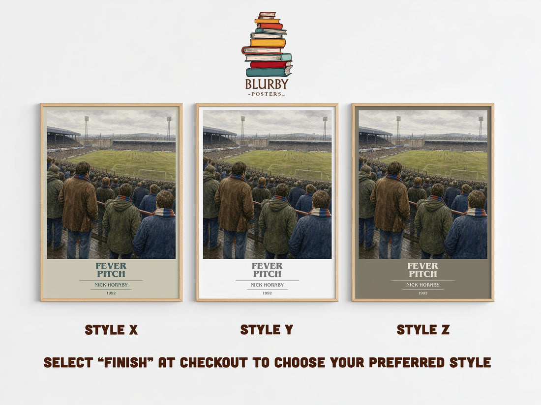 Fever Pitch book cover print in frame leaning in hallway – memoir wall art (mockup)