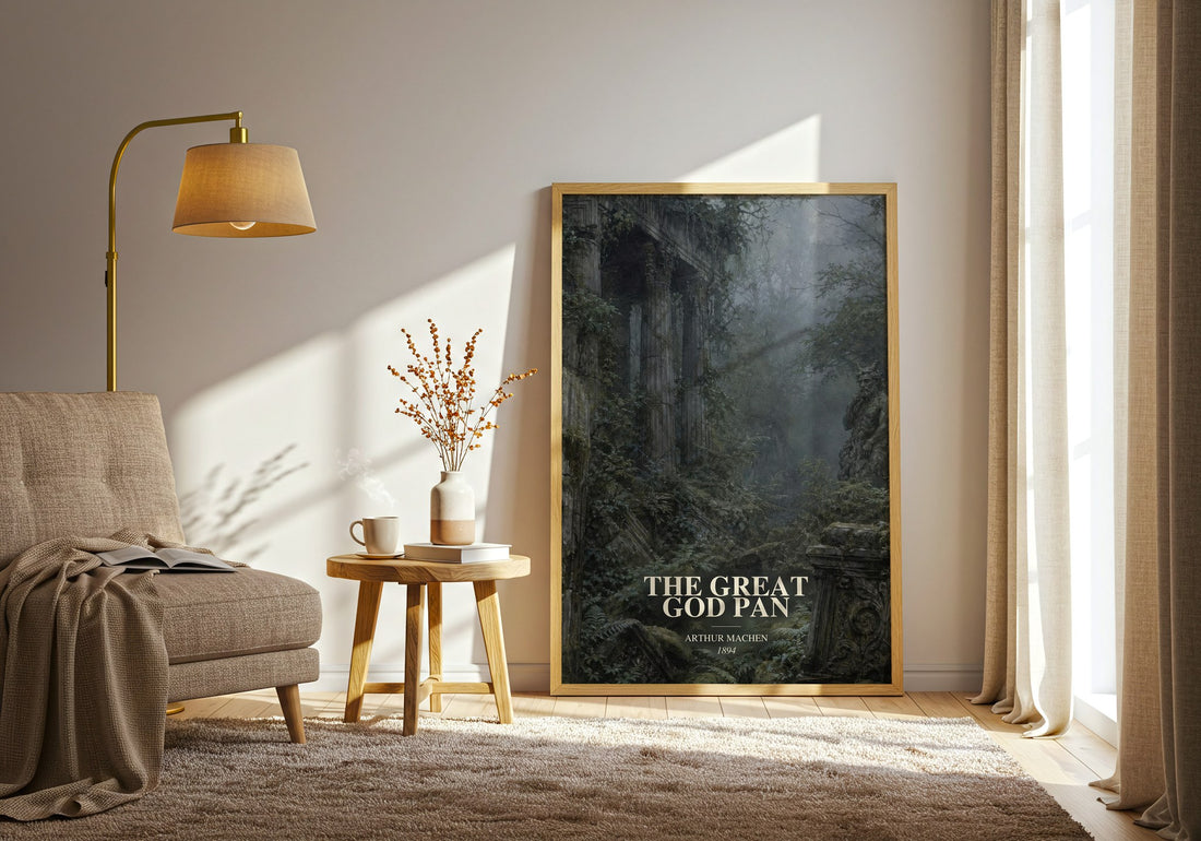 The Great God Pan watercolour print in frame leaning in hallway – horror wall art