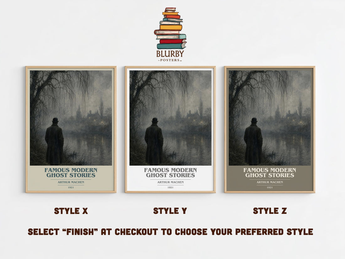 Famous Modern Ghost Stories book cover print in frame leaning in hallway – horror wall art (mockup)