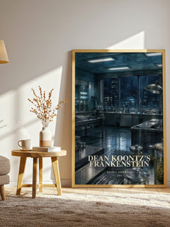 Dean Koontz's Frankenstein watercolour print in frame leaning in hallway – horror wall art
